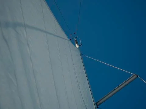 Mast with open sails and wind indicator on top. Stock Photos