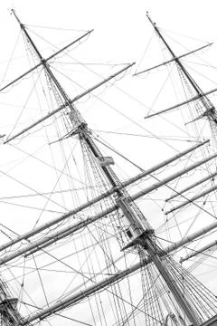 Mast with rigging of old sailing ship Stock Photos