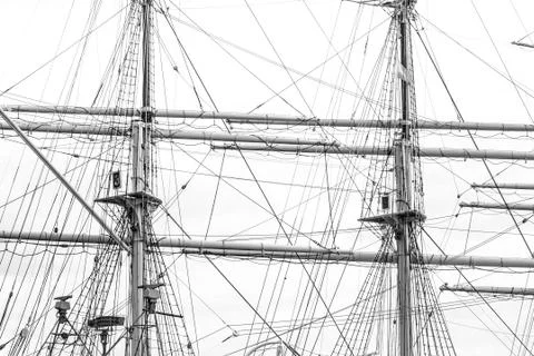 Mast with rigging of old sailing ship Stock Photos