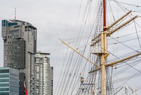 Mast with rigging of old sailing ship Stock Photos