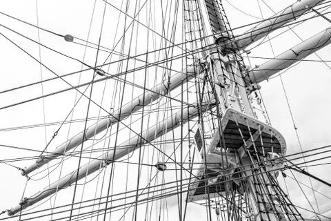 Mast with rigging of old sailing ship Stock Photos