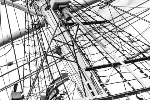 Mast with rigging of old sailing ship Stock Photos