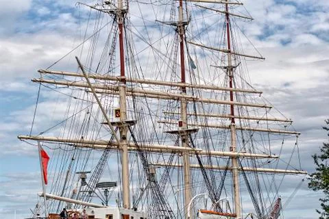 Mast with rigging of old sailing ship Stock Photos