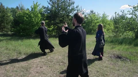 Master and students of Wushu practice kung fu tai Chi in nature in the Park Stock Footage 132472587