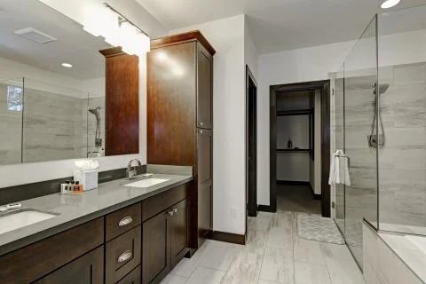 Master bathroom interior with double sink vanity cabinet and walk in shower . Stock Photos
