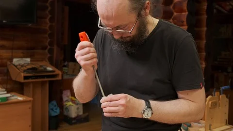 Master with beard polishes wooden outdated airplane detail 스톡 동영상 127374523