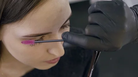 Master is brushing and checking shape of brows after correcting procedure in Stock Footage 106260680