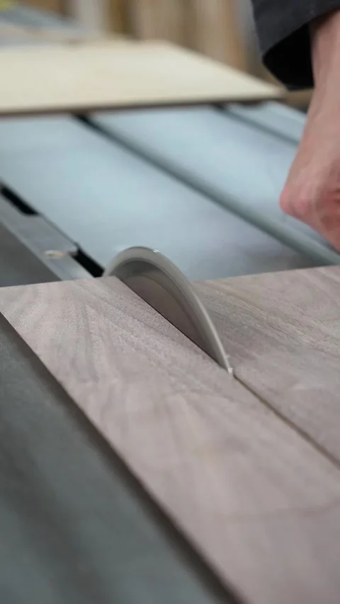 Master builder cuts a wooden panel on a format cutting machine Stock Footage 317414654