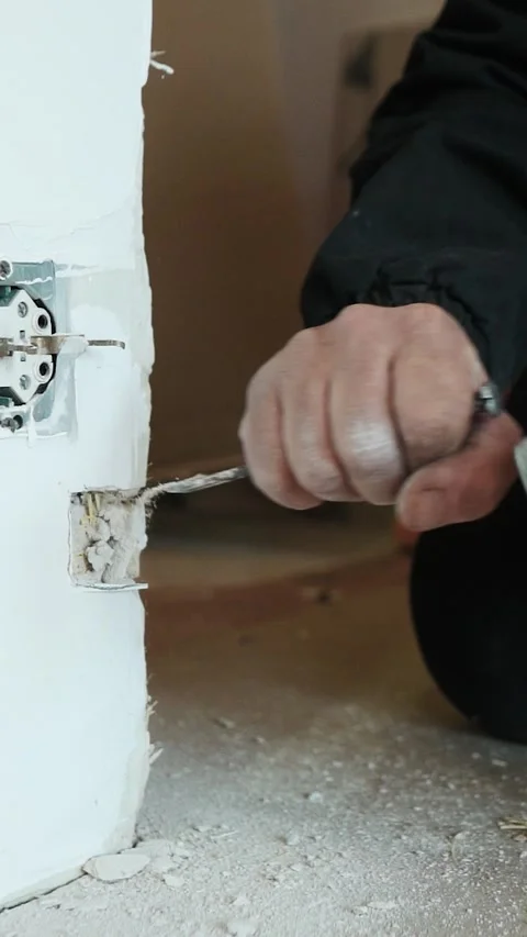 Master builder makes installation of doors and repairs inside house Stock Footage 302986067