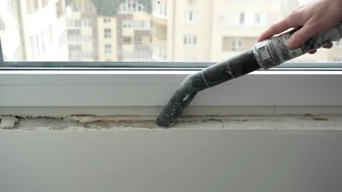 Master builder vacuums window and window sill with vacuum cleaner Stock Footage 317394752