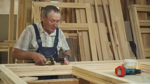 Master Carpenter Use Tools For Woodwork To Make Window At Modern Workshop Video stock 164913428