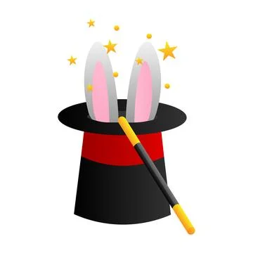 The master casts a spell on the cylinder. Magician's hat with rabbit. Vecto.. Stock Illustration