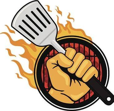 Master Chef Hand Holding Spatula with Fire Flame Emblem Logo Stock Illustration