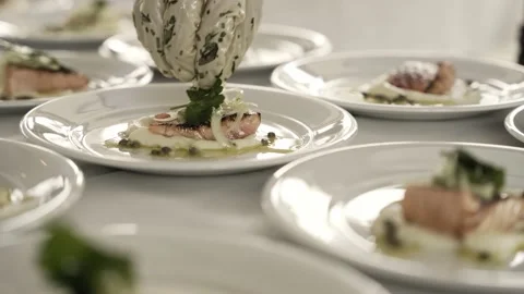 Master chef preparing delicious salmon meal in white plates, close up view Vidéo 229911874