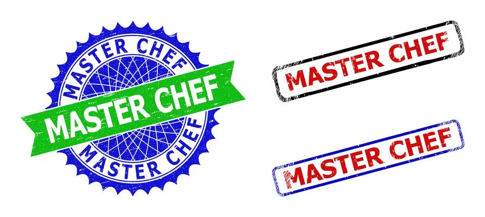 MASTER CHEF Rosette and Rectangle Bicolor Stamp Seals with Grunge Surfaces Stock Illustration