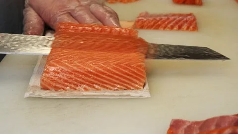 The master chefs hands move with precision as he cuts salmon into smooth, even Stock Footage 284968223