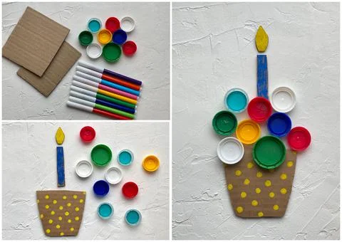 Master class 3d application training made of recycled cardboard and plastic lids Stock Photos