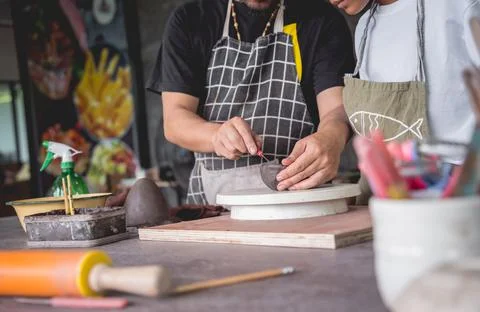 The master class in big workshop on making clay products Stock Photos