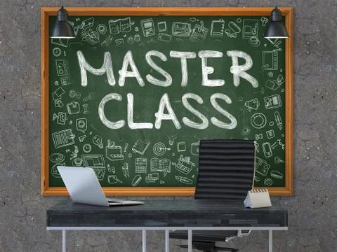 Master Class on Chalkboard with Doodle Icons Stock Illustration