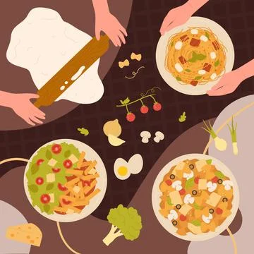 Master class on cooking pasta with chefs, hands rolling dough, holding plate Illustrazione stock