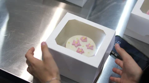 Master class cooking school desserts sweets Leveling the cream on the bento cake Stock-Footage 279721395