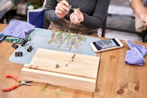 Master class on creating frame with Herbarium in tiffany technique in stained Stock Photos