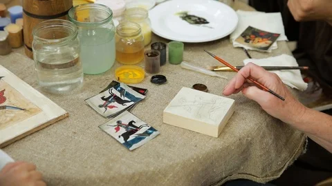 Master class for drawing icons in shopping center victoria gardens lviv 25.08 Stock Footage 103853554