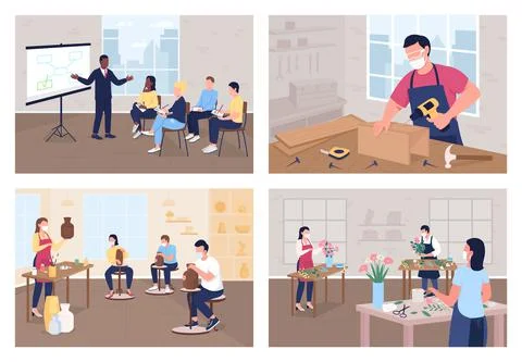 Master class flat color vector illustration set Illustrazione stock
