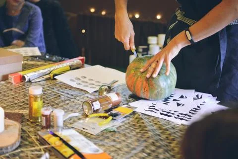 Master class Halloween decorative pumpkins made by hands Stock Photos