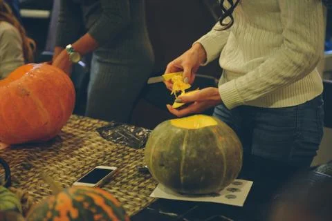 Master class Halloween decorative pumpkins made by hands Stock Photos
