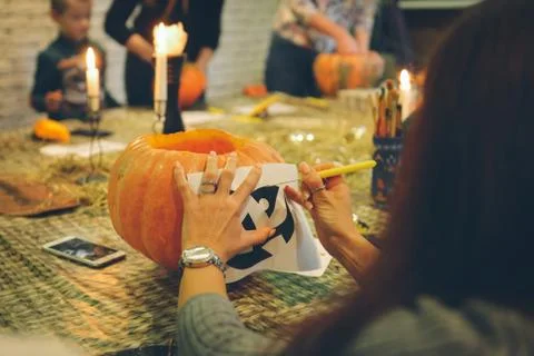 Master class Halloween decorative pumpkins made by hands Stock Photos
