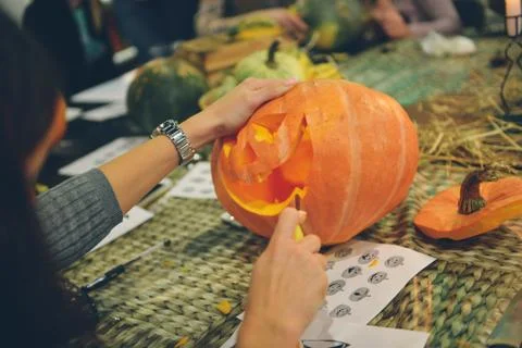 Master class Halloween decorative pumpkins made by hands Stock Photos