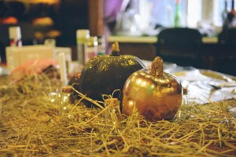 Master class Halloween decorative pumpkins made by hands Stock Photos