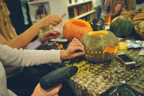 Master class Halloween decorative pumpkins made by hands Stock Photos