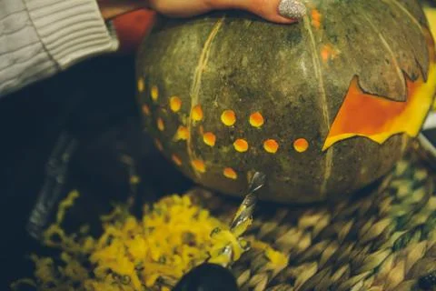Master class Halloween decorative pumpkins made by hands Stock Photos