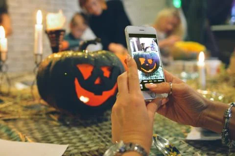Master class Halloween decorative pumpkins made by hands Stock Photos