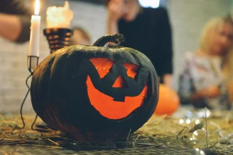 Master class Halloween decorative pumpkins made by hands Stock Photos