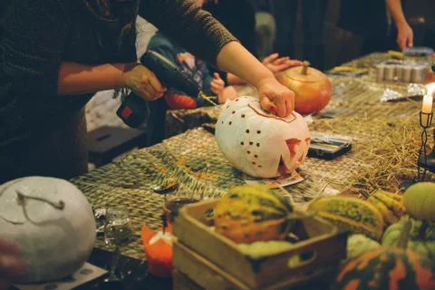 Master class Halloween decorative pumpkins made by hands Stock Photos