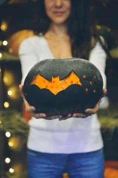 Master class Halloween decorative pumpkins made by hands Stock Photos