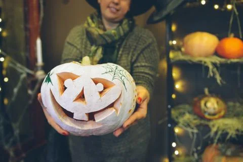 Master class Halloween decorative pumpkins made by hands Stock Photos