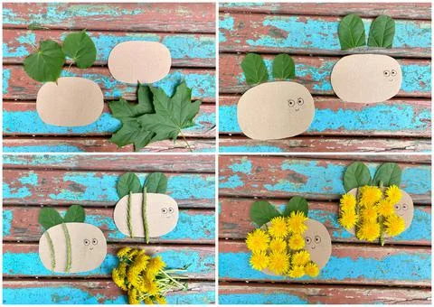 Master class how to make a bee from natural materials and cardboard recycling Stock Photos