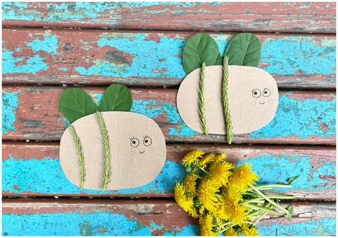 Master class how to make a bee from natural materials and cardboard recycling. Stock Photos