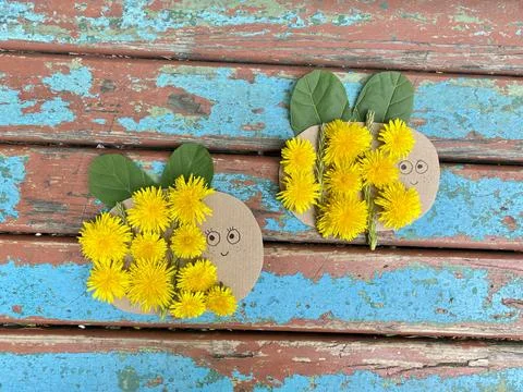 Master class how to make a bee from natural materials and cardboard recycling. Stock Photos