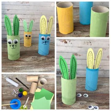 Master class how to make a children's craft Bunny from a roll of toilet paper. Stock Photos