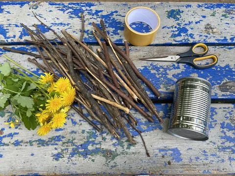 Master class, how to make a vase from sticks and tin cans, kids craft Stock Photos