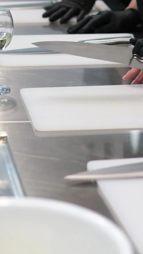 Master class kitchen white boards scissors women hands preparing for master Stock Footage 293331235