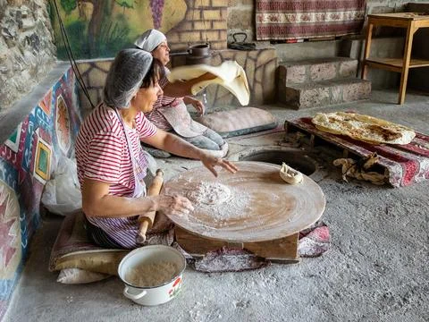 Master class on making lavash in rustic bakery Stock Photos