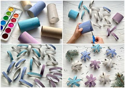 Master class, step by step, how to make snowflakes from a roll of toilet pape Stock Photos
