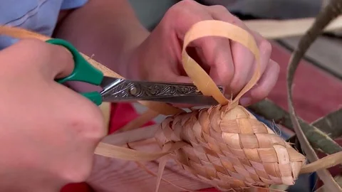 Master class on weaving Russian bast of Linden bark Stock Footage 70492174