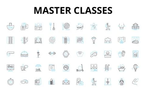 Master Classes linear icons set. Insider, Experts, Coach, Mentor, Specialist Stock Illustration